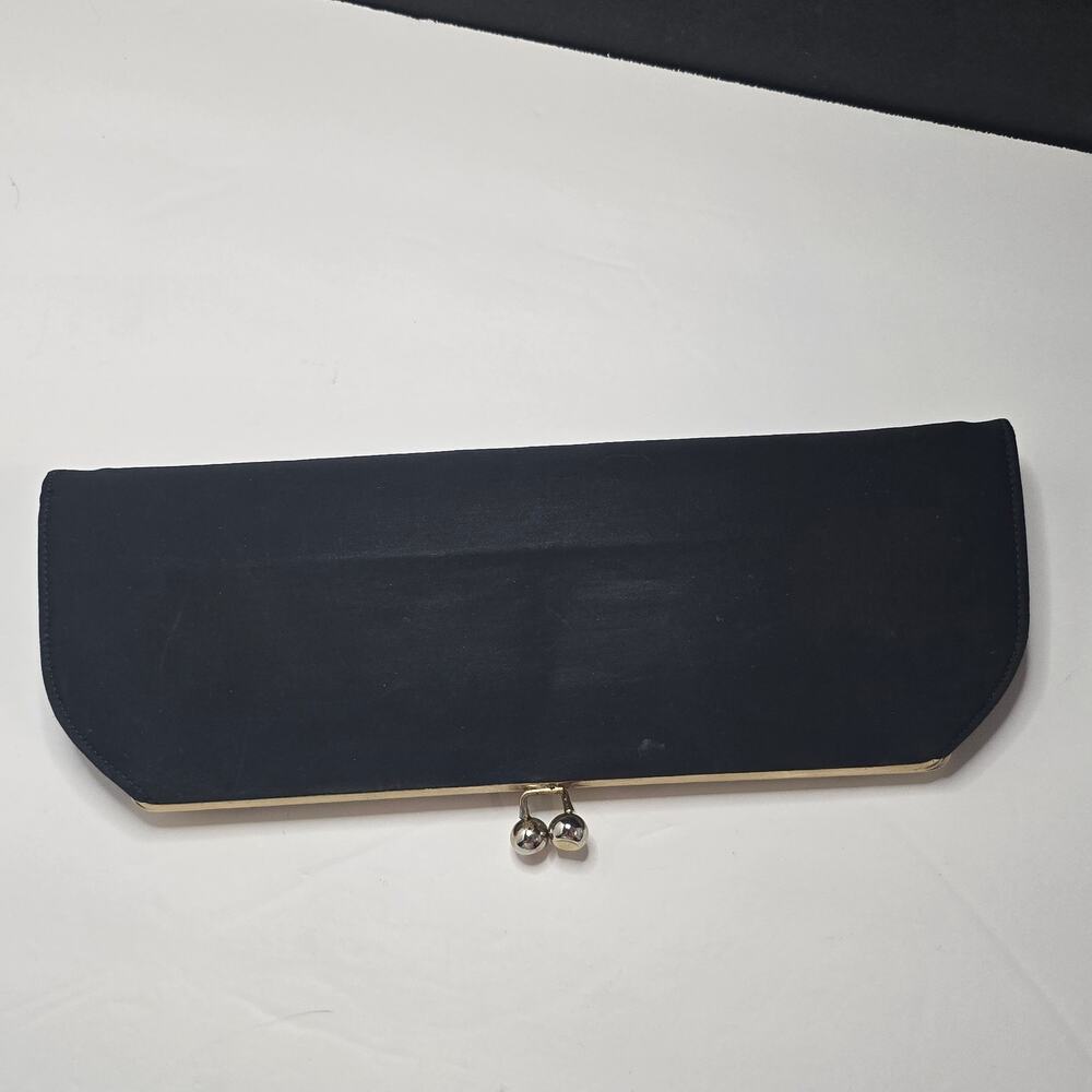 Black Satin Long Envelope Clutch Gold Kiss Lock Vintage Evening Bag 1960s